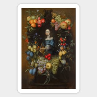 A Garland of Fruit and Flowers Surrounding a Portrait of a Lady in a Blue Dress, Holding a Guitar by Catarina Ykens-Floquet Magnet